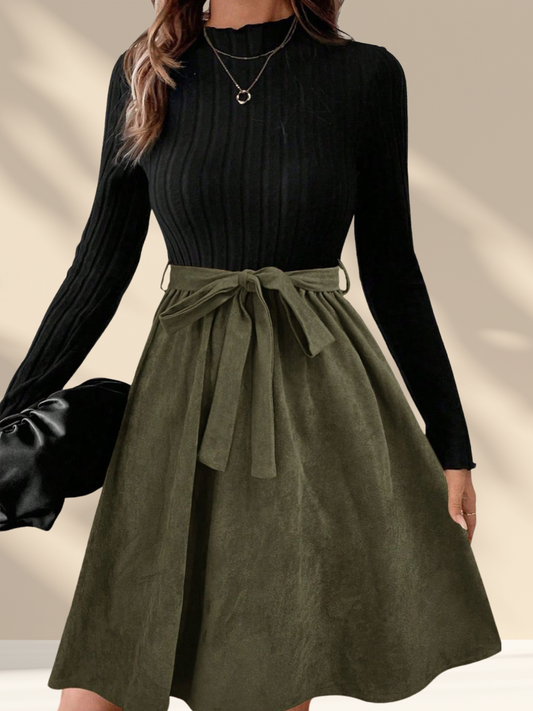 Ribbed Tie-Waist A-Line Dress