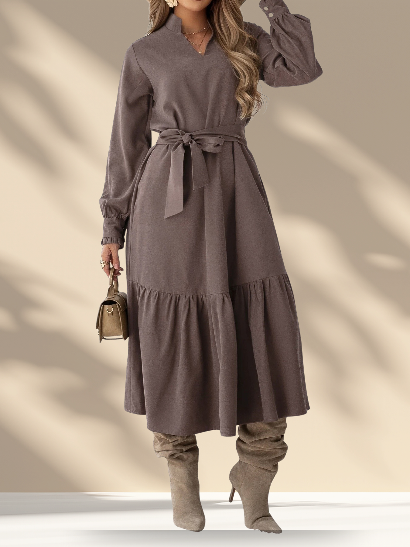 Belted Ruffle Midi Dress