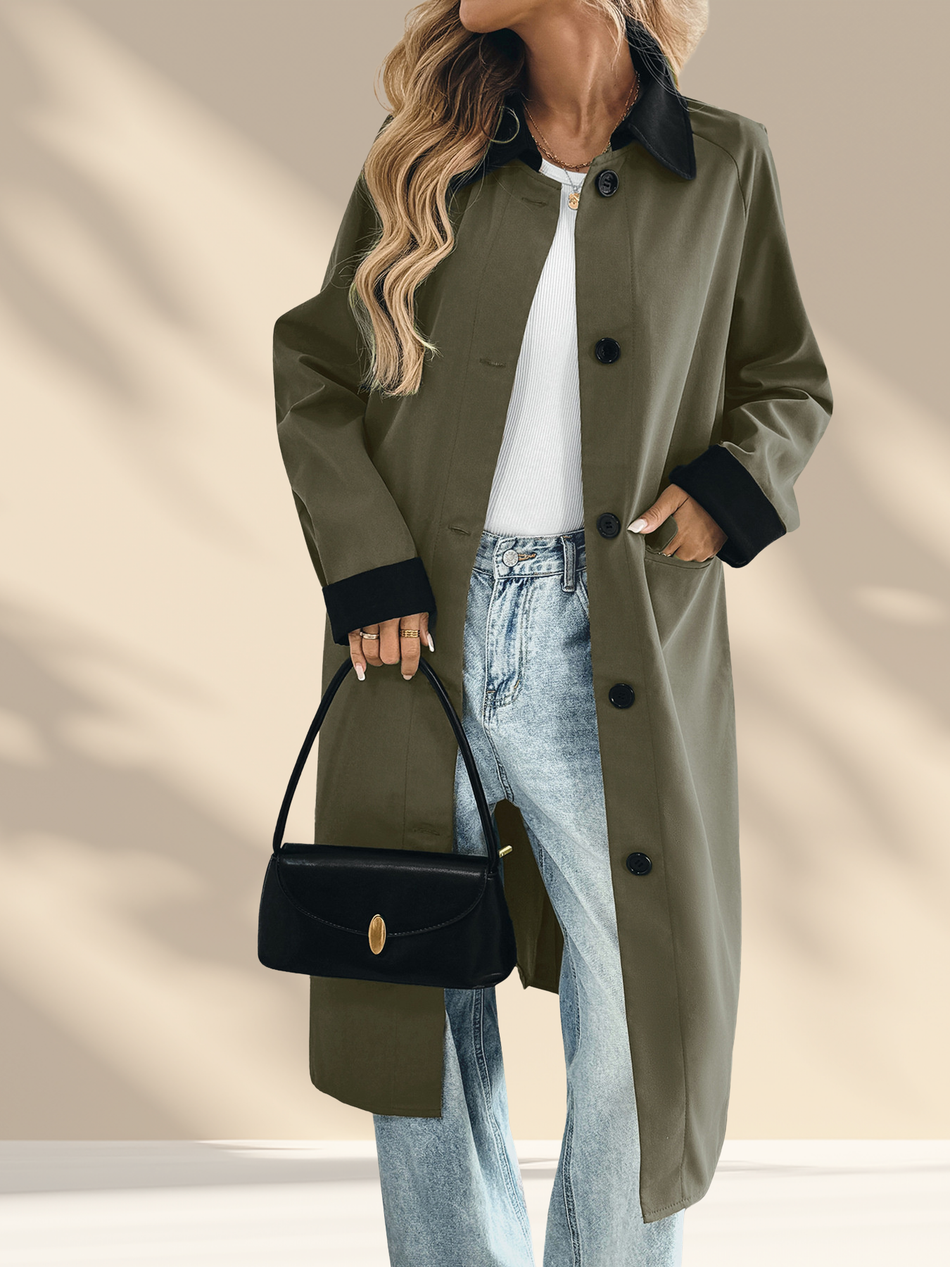 Contrast Collar Longline Coat