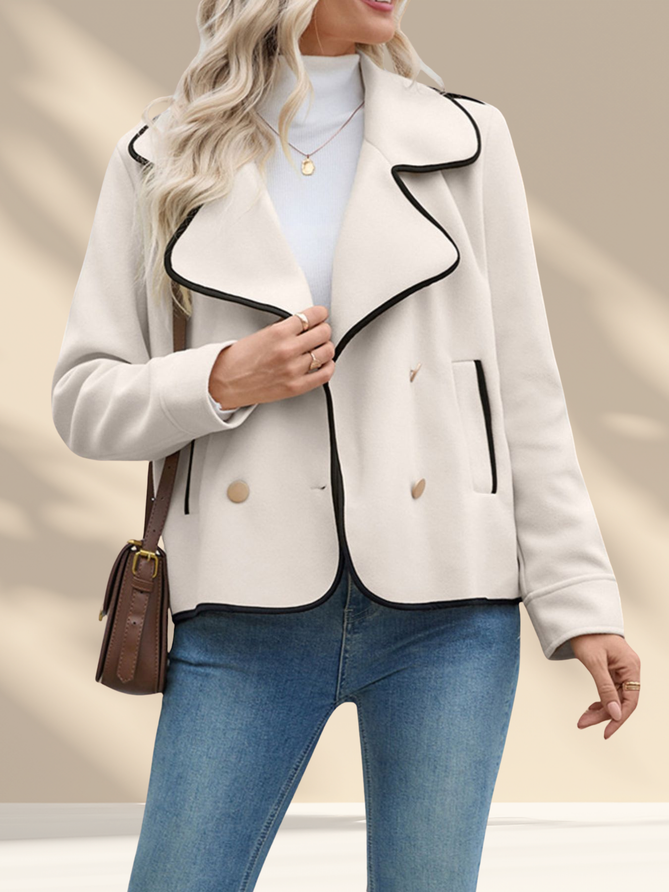 Contrast Trim Double-Breasted Jacket