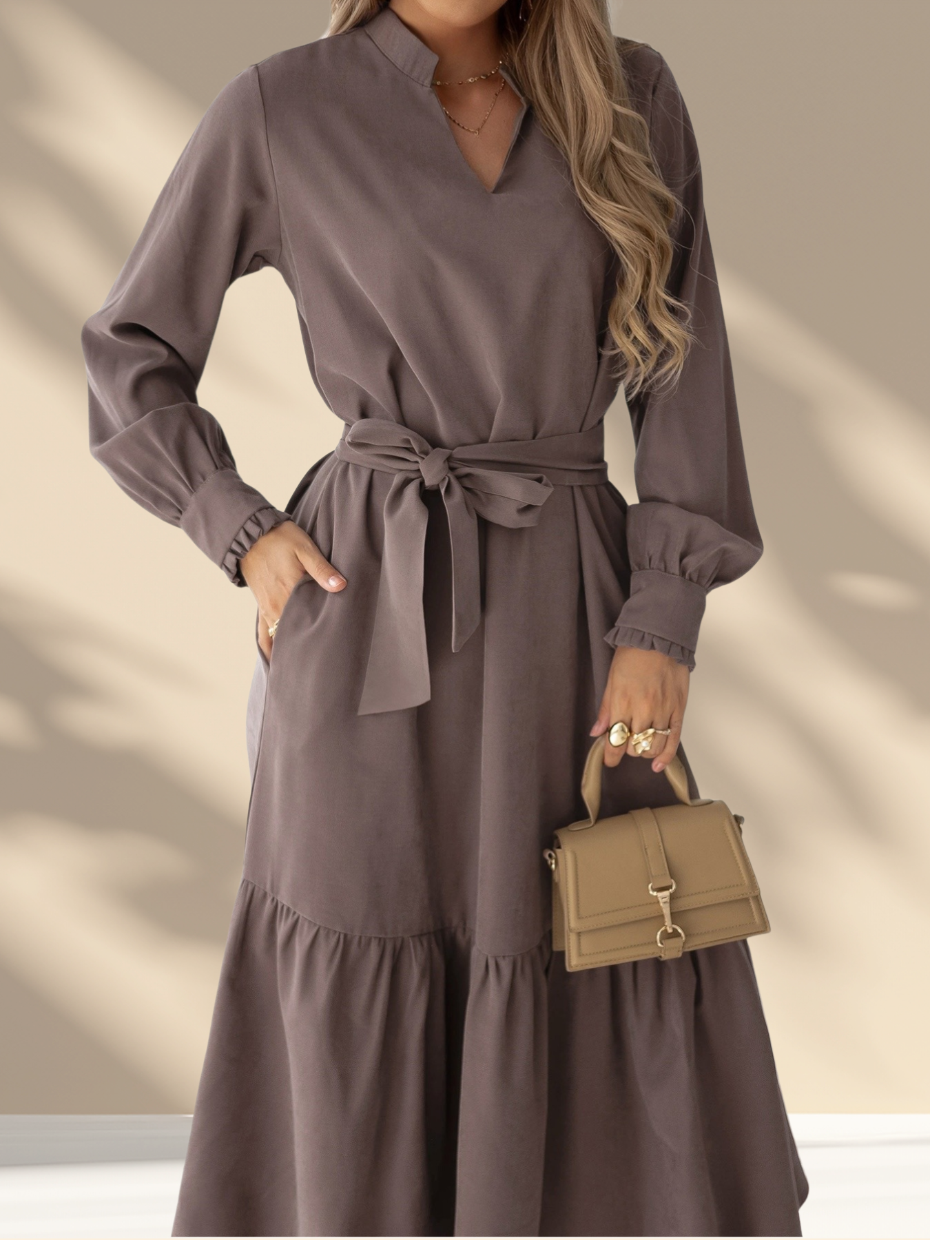 Belted Ruffle Midi Dress