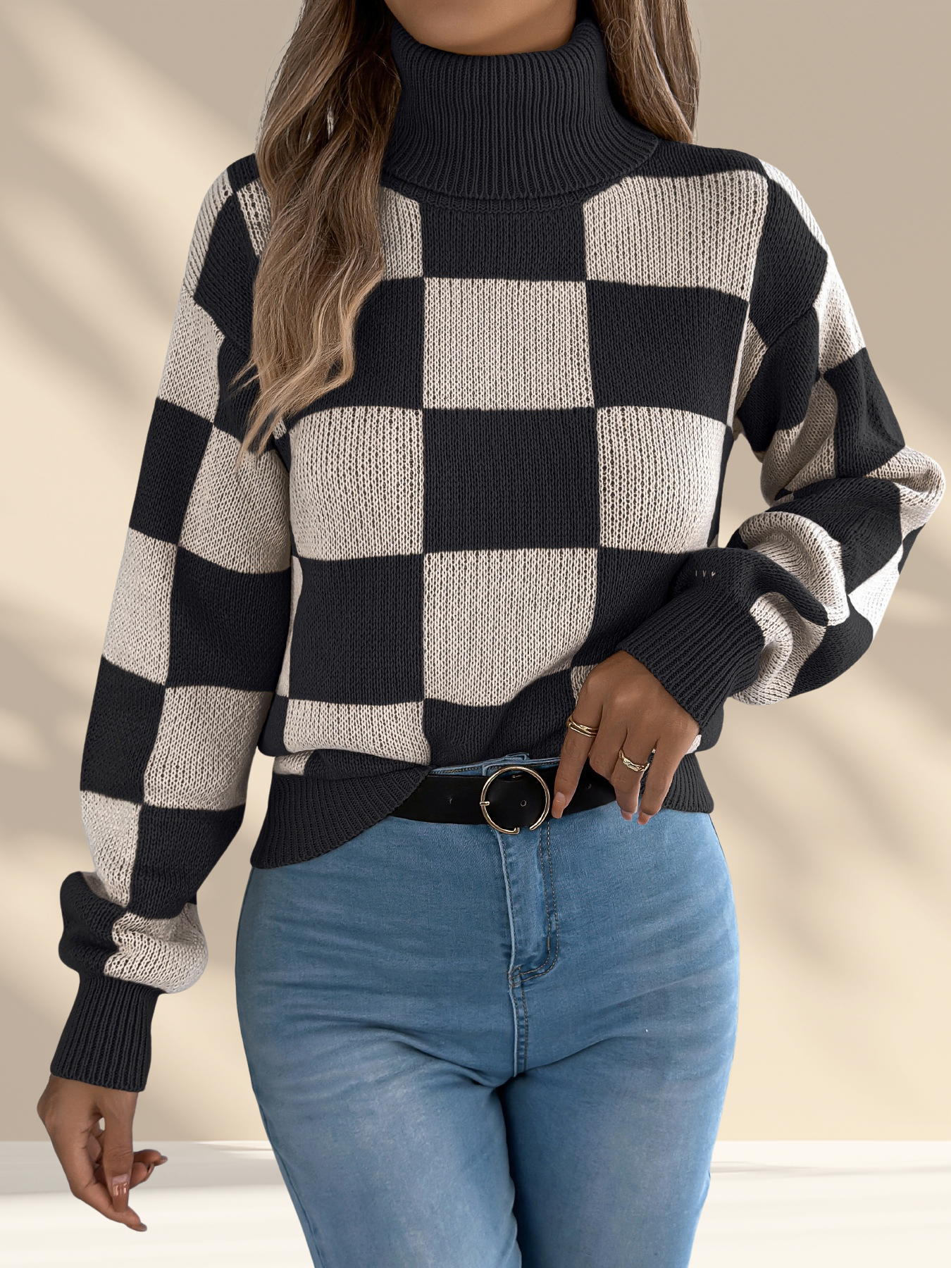Checkered Turtleneck Sweater